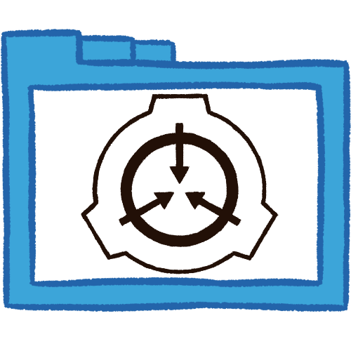 A hollow blue folder with thick lineart, which contains the SCP logo in black. The SCP logo is an outline of a circle with 3 square ridges, which has another circle outline inside it. This one is thicker and has 3 straight arrows overlapping it, which all point inward.